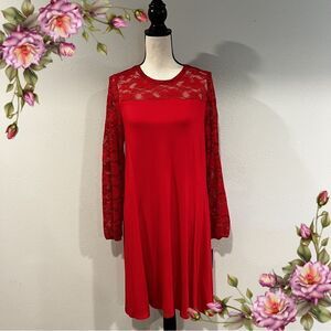 Long‎ sleeve red dress with lace details